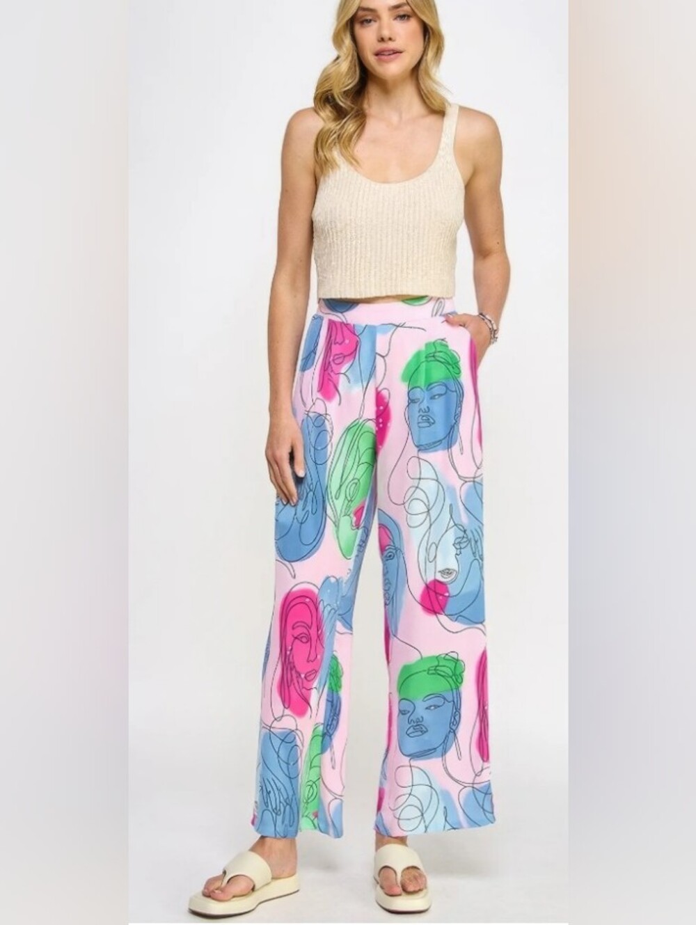 BLUE /WHITE ONLY Women’s Abstract Face Print Wide-Leg Pants